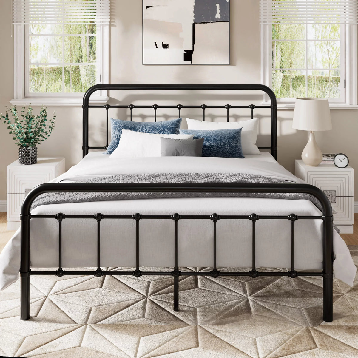 Queen Size Black Metal Platform Bed Frame with Headboard and Footboard F6347