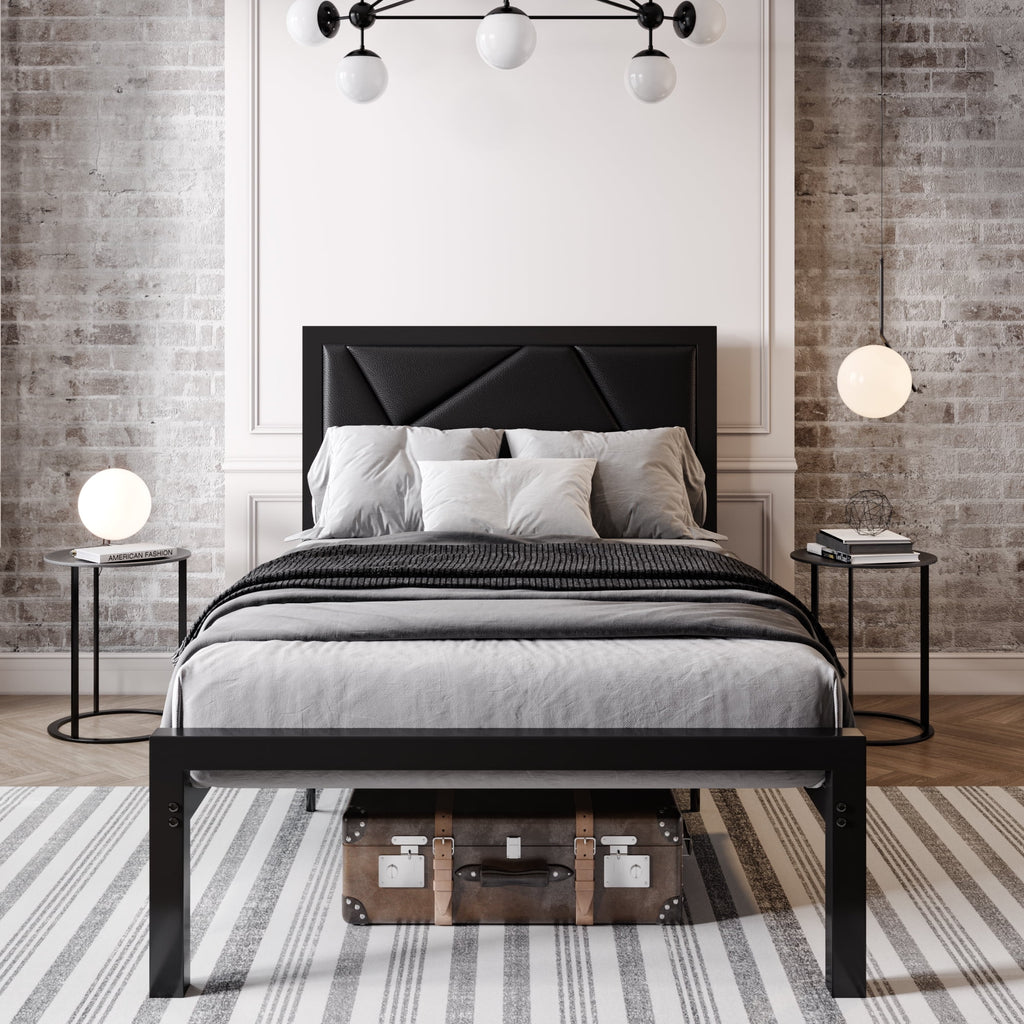 Black Queen Size Metal Platform Bed Frame with Leather Headboard C4366