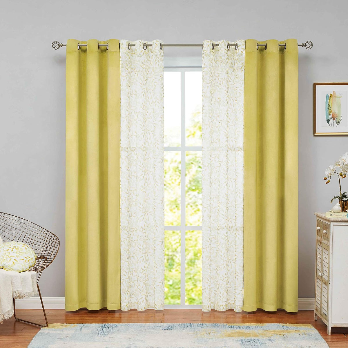 Grey Velvet Floral Sheer Curtains 63 inch 4 Pieces Set N1479