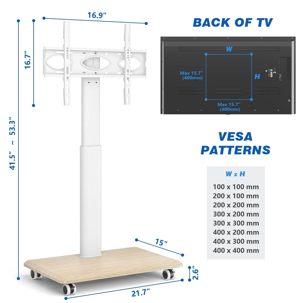 Modern Rolling TV Stand up to 65 inch White Wooden Base K812
