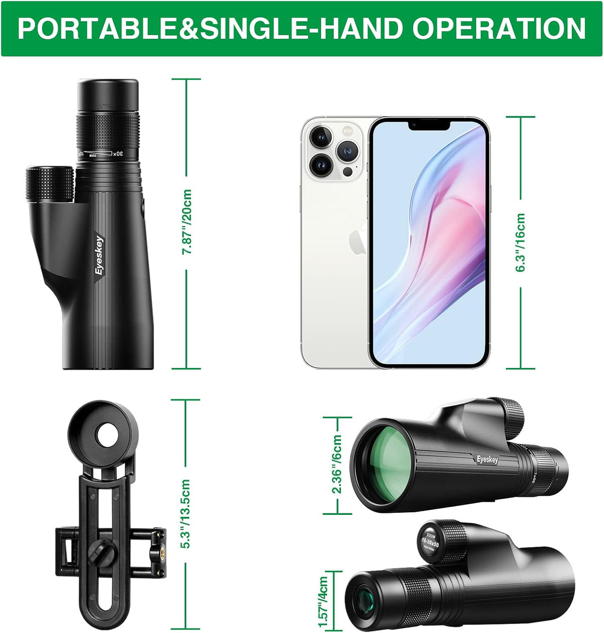 10-30X50 HD BAK4 Prism Monocular Telescope with Smartphone Adapter & Tripod C36776