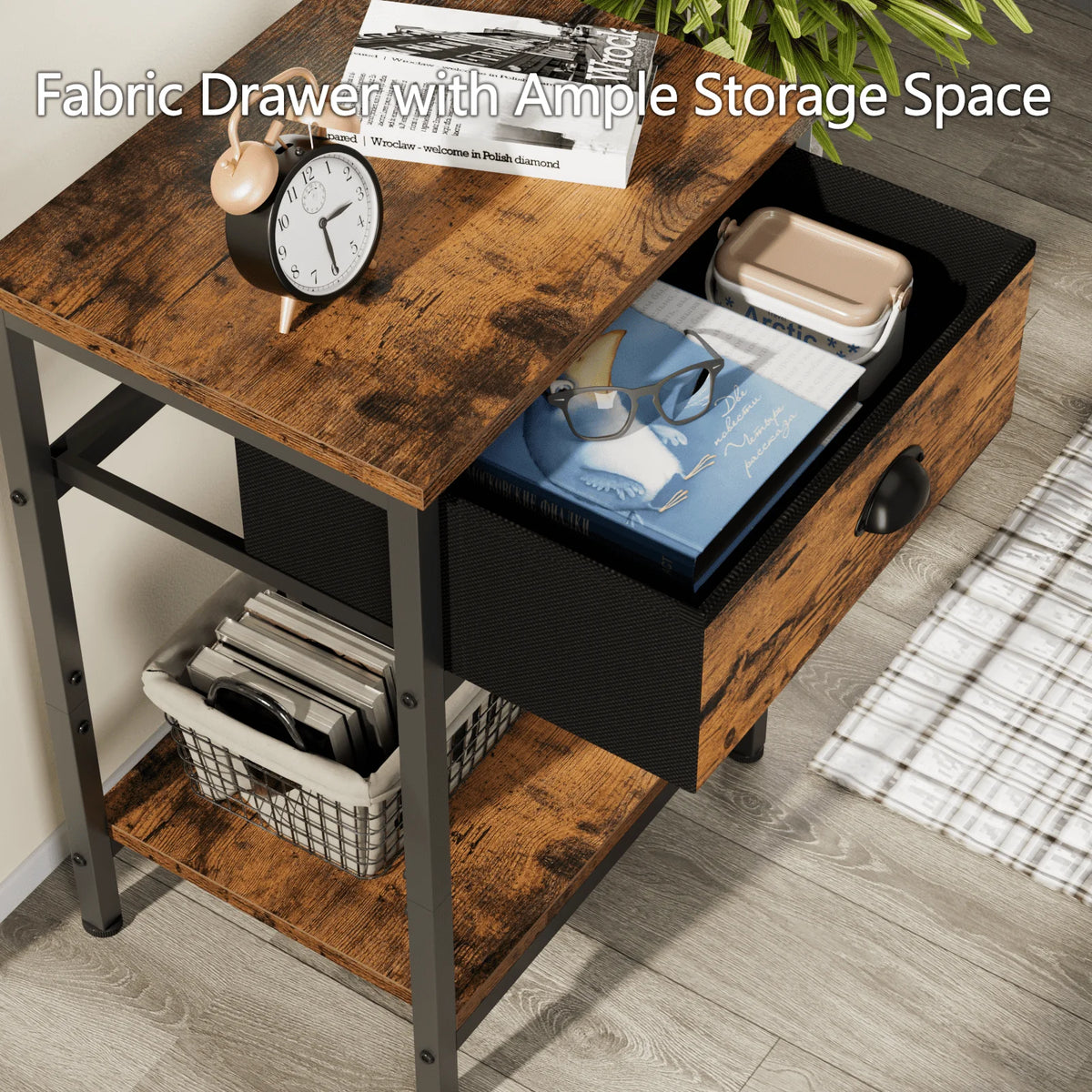 Set of 2 Nightstands with Fabric Drawer & Storage Shelf P52997