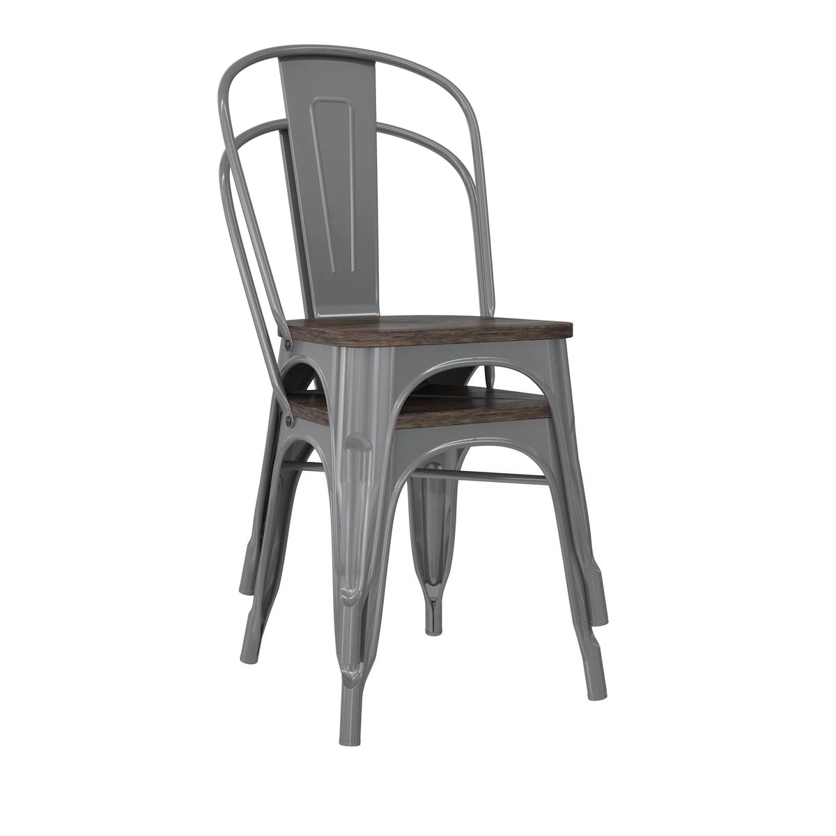 Stackable Metal Dining Chair with Wood Seat, Silver, Set of 2 E87231