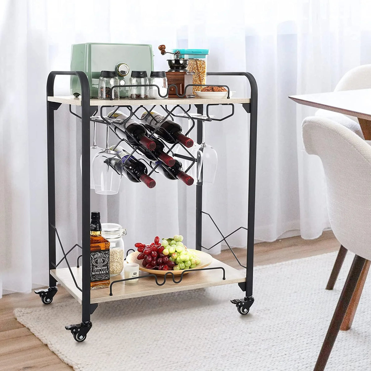 2-Tier Mobile Bar Cart with Wine Racks and Glass Holders D200322