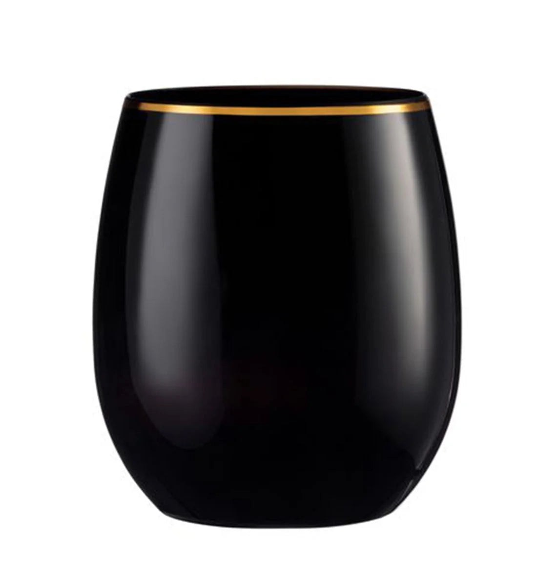Stemless Plastic Wine Goblet 12 oz Black Gold Rim Pack of 12 M7210