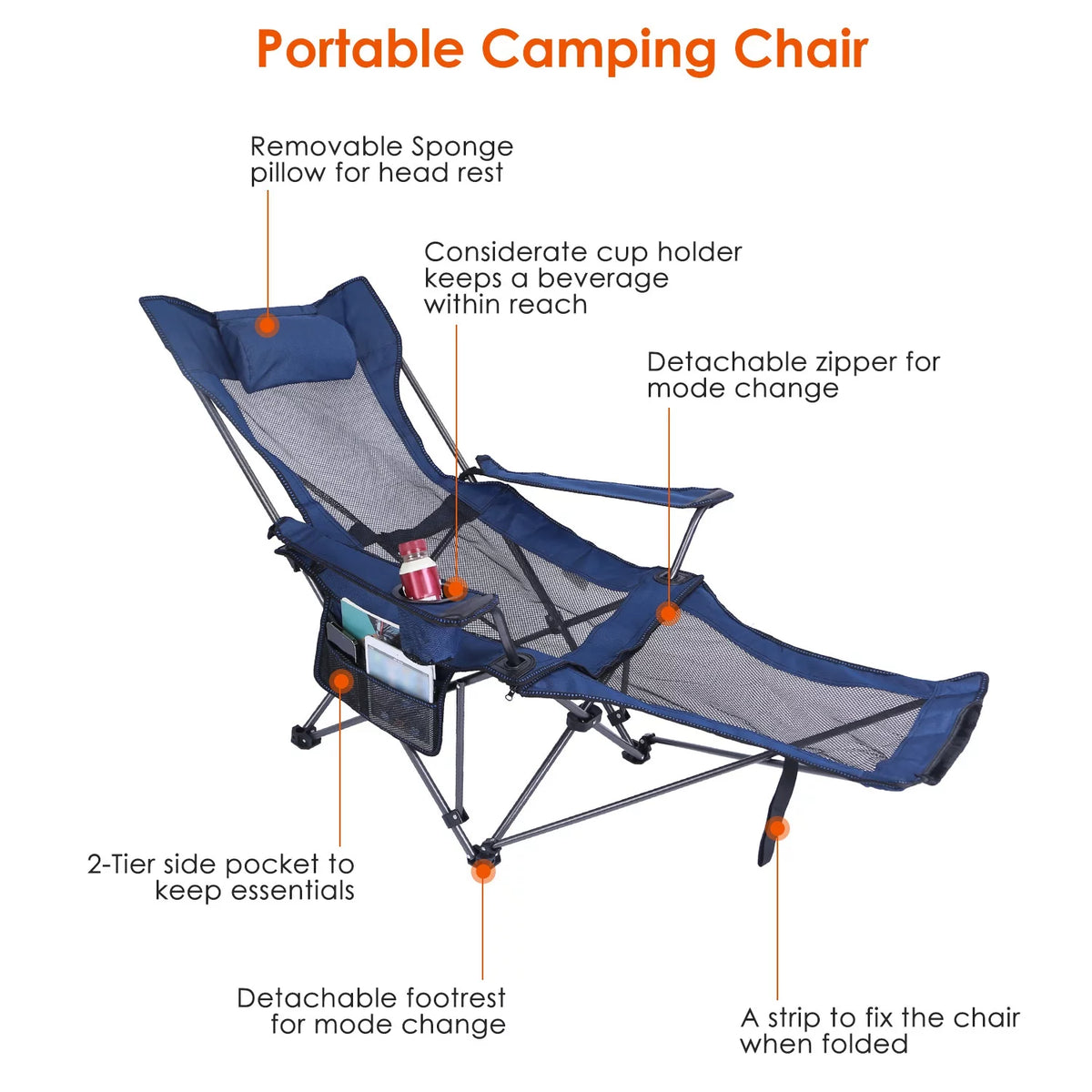 Heavy Duty Steel Reclining Camping Chair with Cup Holder E73252