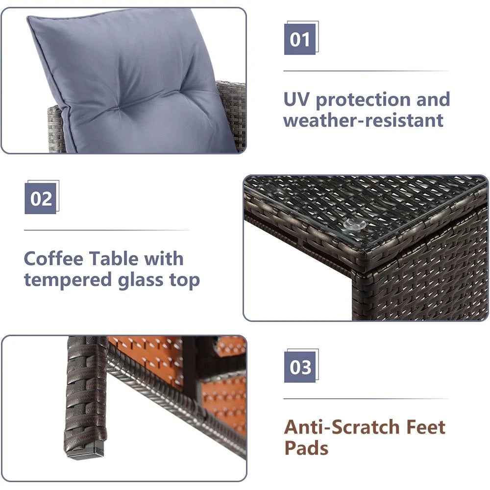 4 Piece PE Rattan Patio Sofa Set with Glass Table U995793