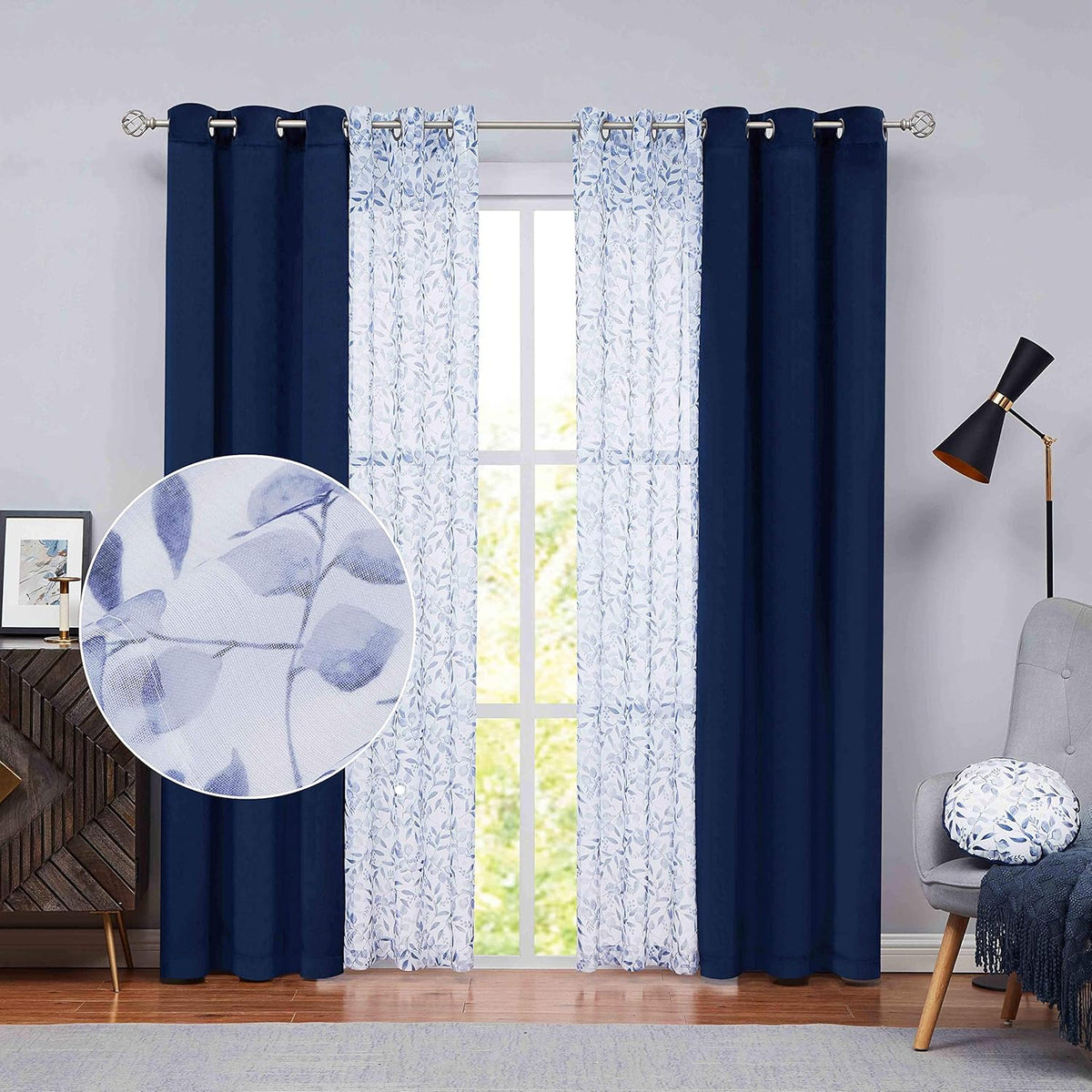 Grey Velvet Floral Sheer Curtains 63 inch 4 Pieces Set N1479