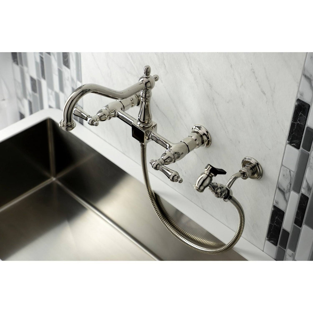 Polished Chrome Two-Handle Wall Mount Kitchen Faucet with Sprayer B197
