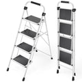 4 Step Folding Steel Step Ladder with Handrails White U4464