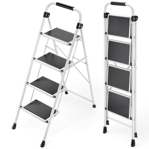 4 Step Folding Steel Step Ladder with Handrails White U4464