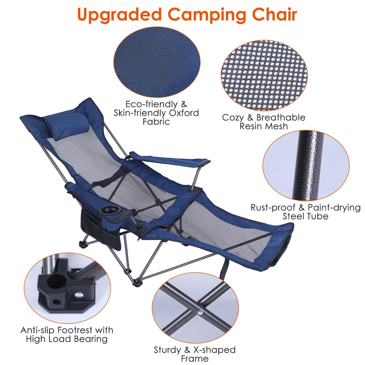 Heavy Duty Steel Reclining Camping Chair with Cup Holder E73252