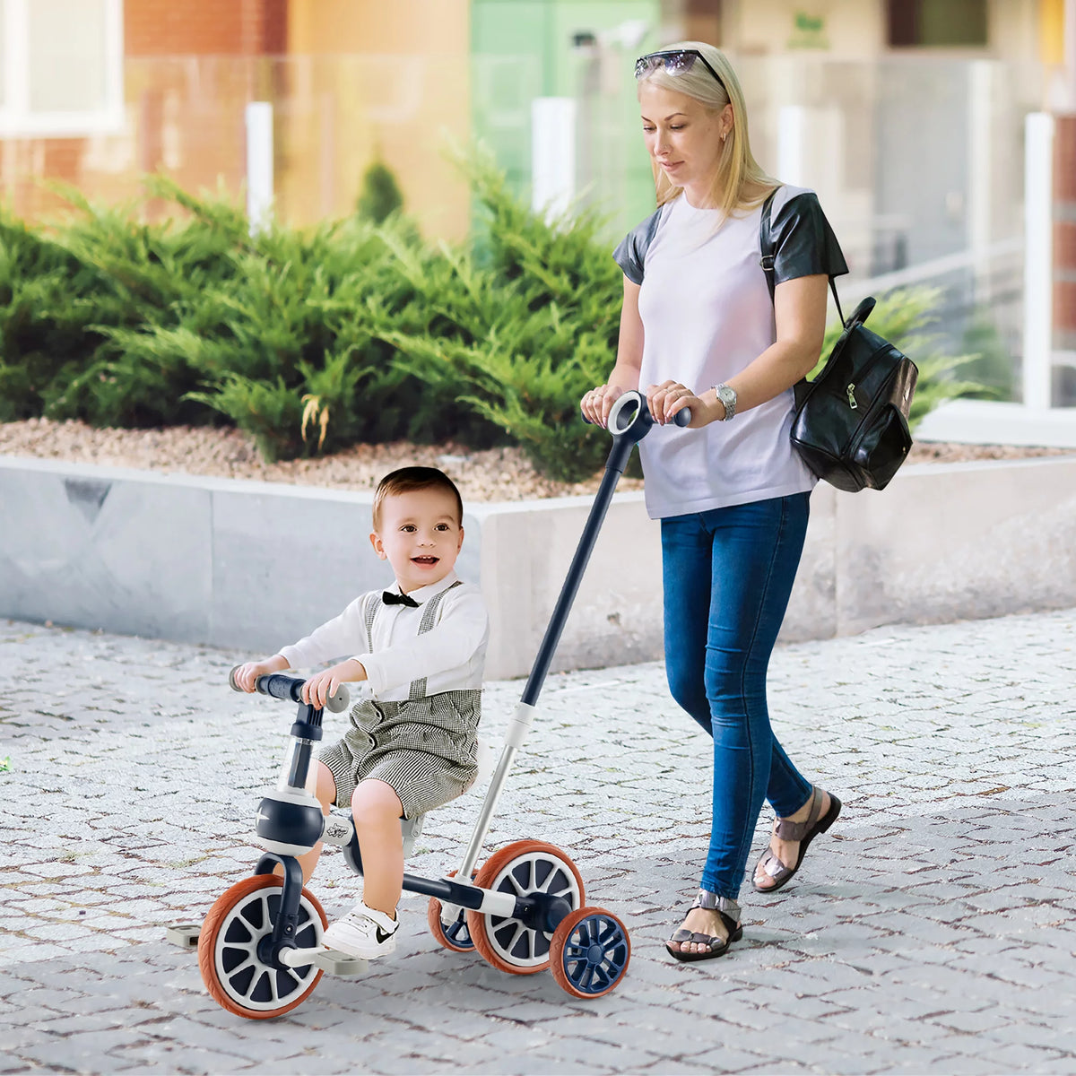 4 in 1 Kids Tricycles with Push Handle & Training Wheels Navy I7461