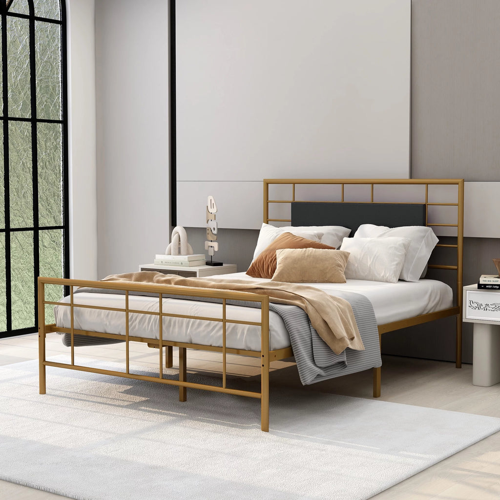 Queen Size Black Metal Platform Bed Frame with Leather Upholstered Headboard O283045