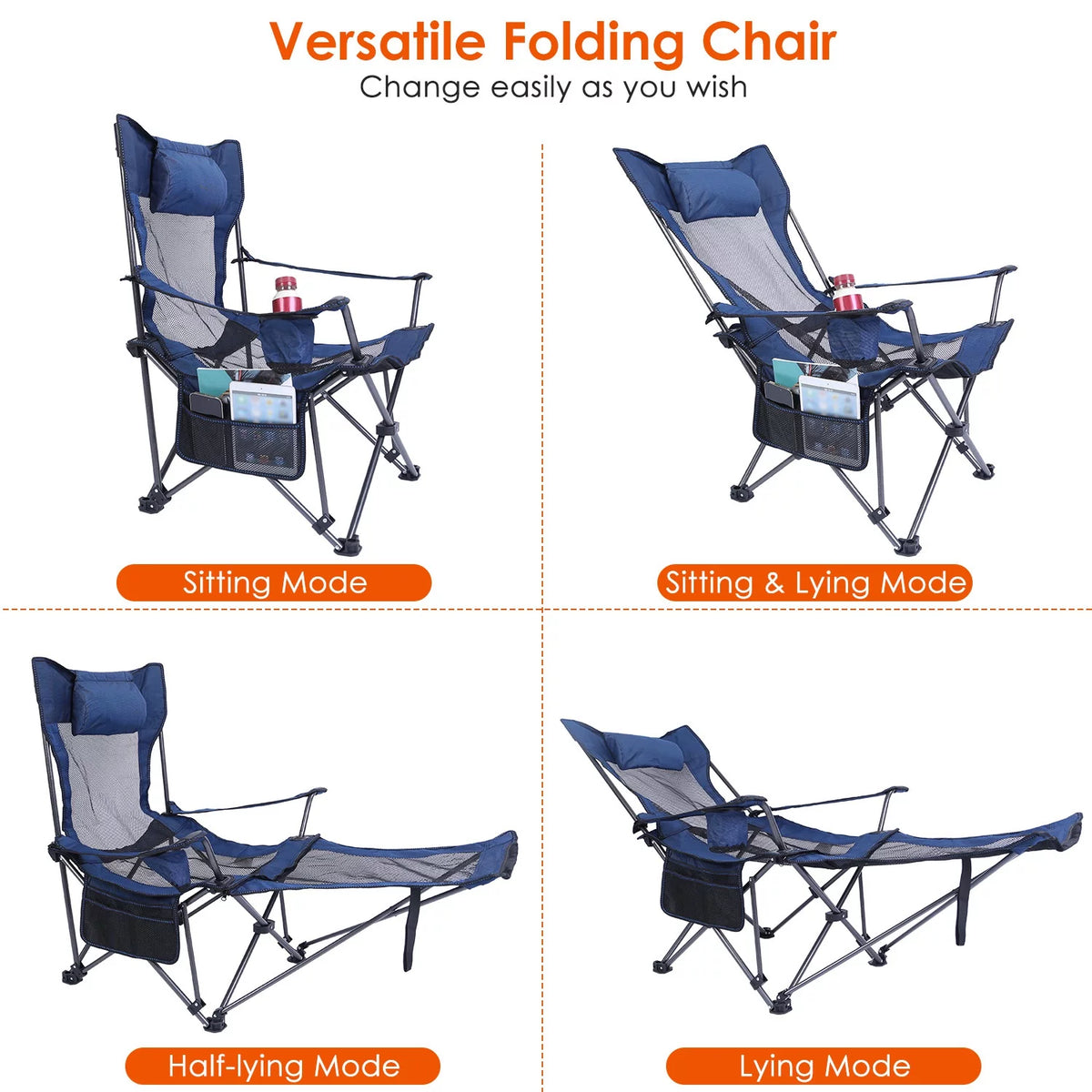 Heavy Duty Steel Reclining Camping Chair with Cup Holder E73252