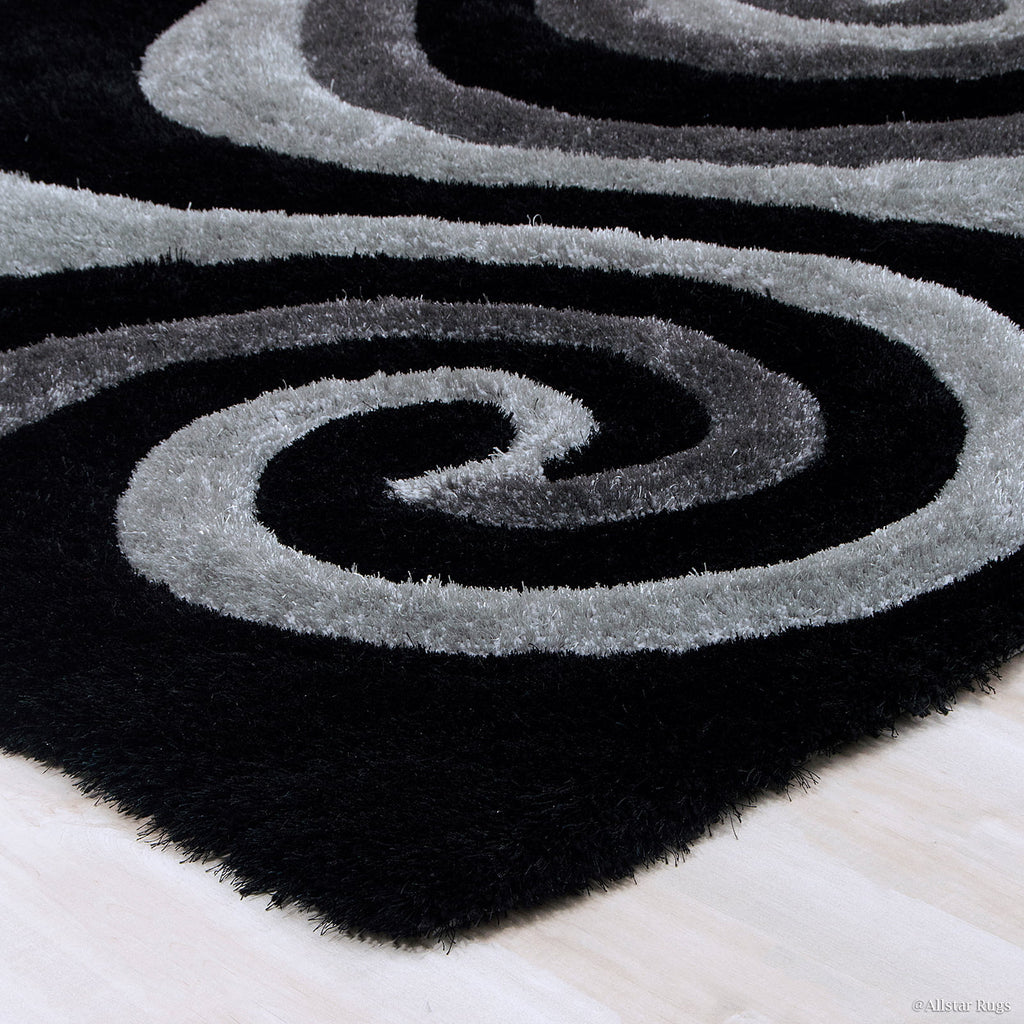 Grey Shaggy Area Rug with 3D Black Spiral Design 5' x 7' W45948