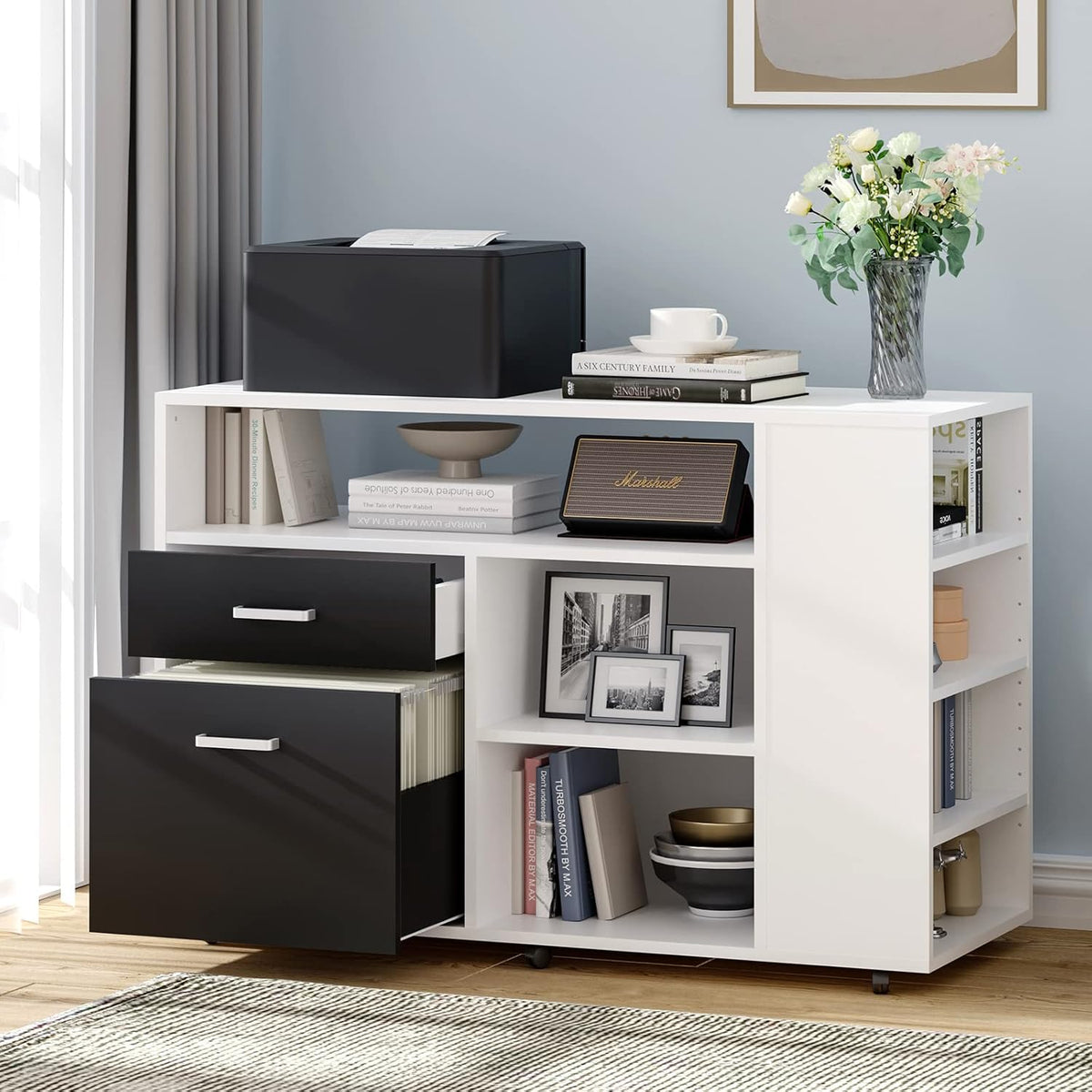 Black 2 Drawer Wood File Cabinet with Wheels E10176