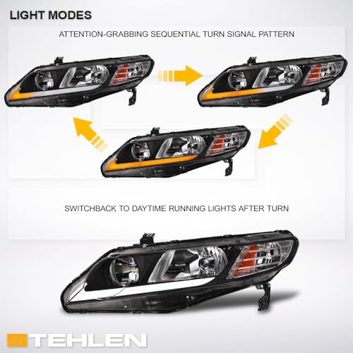 Compatible With 2006-2011 Honda Civic 4 Door Sedan Black LED Headlights K2156