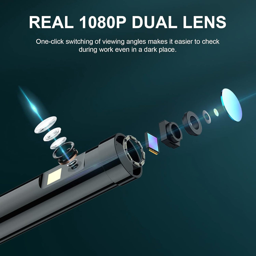 Dual Lens Video Endoscope Camera with Lights, 1080P Borescope Inspection Camera, 8 mm IP67 Waterproof, 16.5FT Semi-Rigid Cable, 32GB Card J626