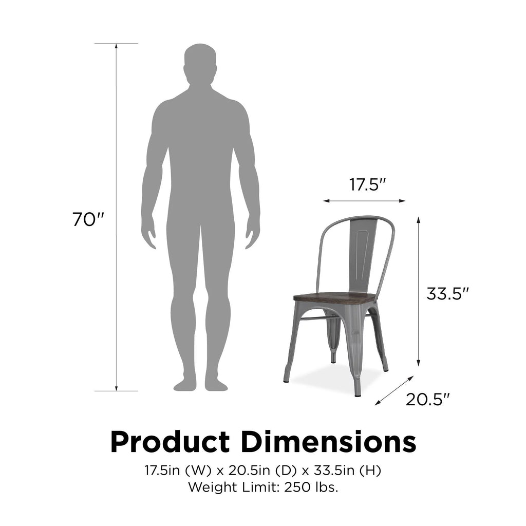 Stackable Metal Dining Chair with Wood Seat, Silver, Set of 2 E87231