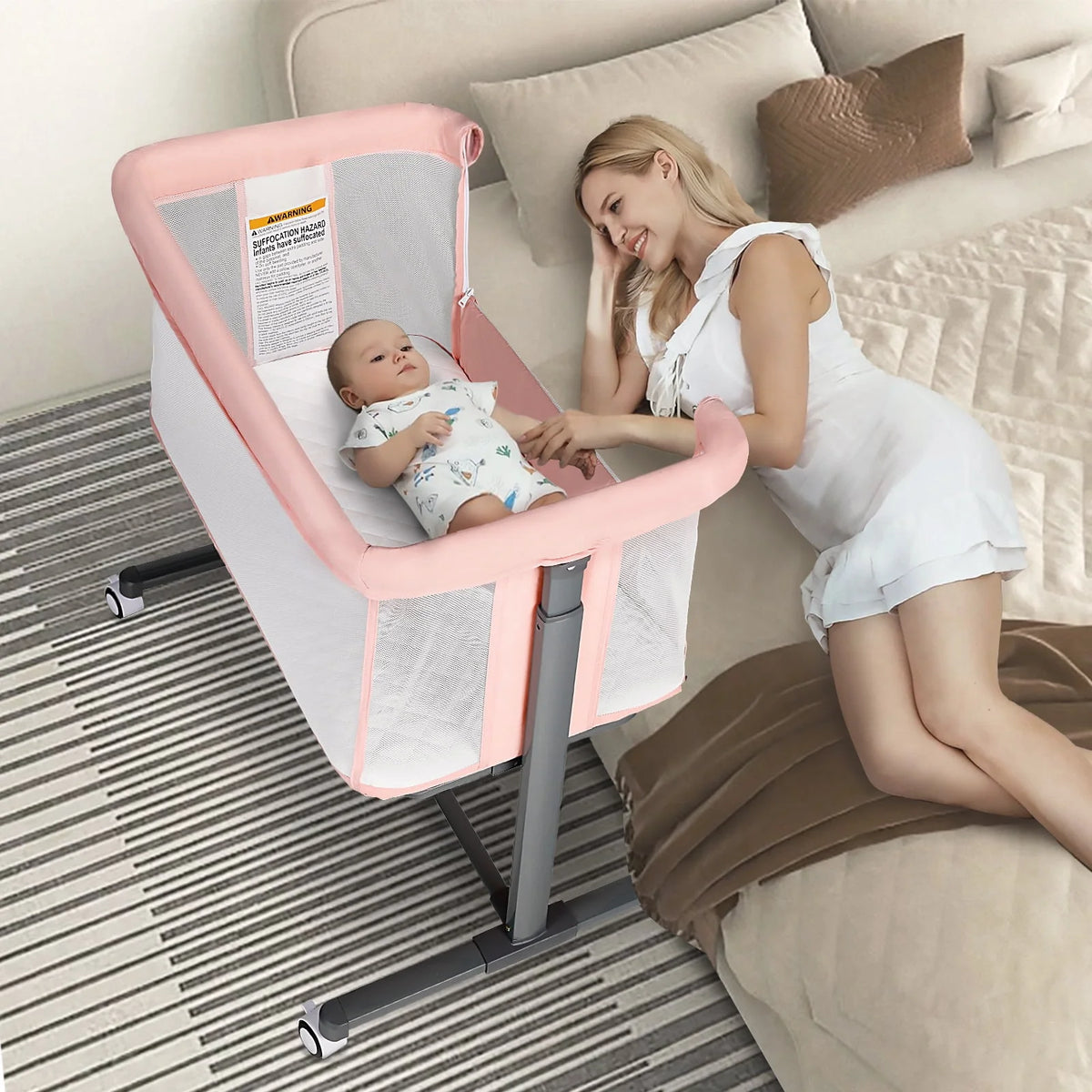 Baby Bassinet with Wheels Adjustable Bedside Sleeper Grey G980485