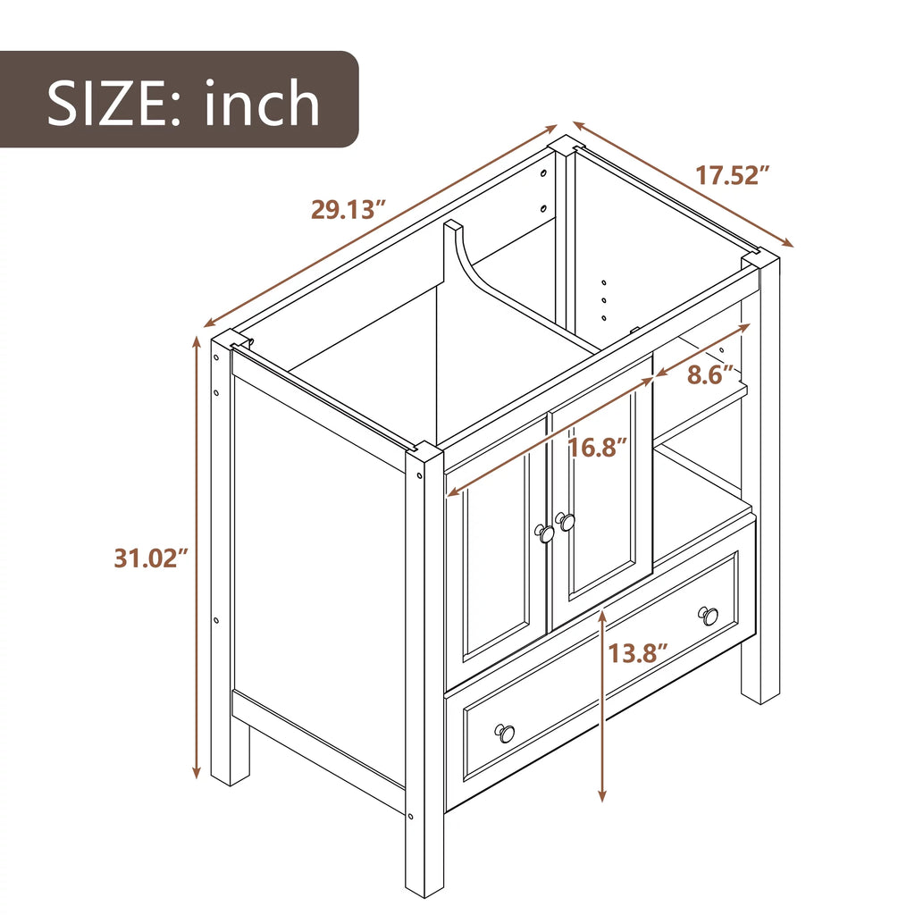 30" Brown Solid Wood Bathroom Vanity Base Only N2253
