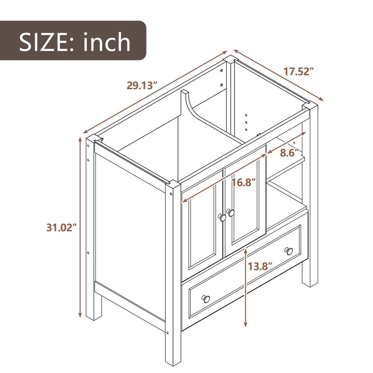 30" Brown Solid Wood Bathroom Vanity Base Only N2253