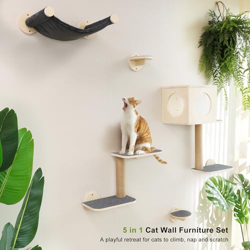 5-Piece Wooden Cat Wall Shelves with Hammock U3580