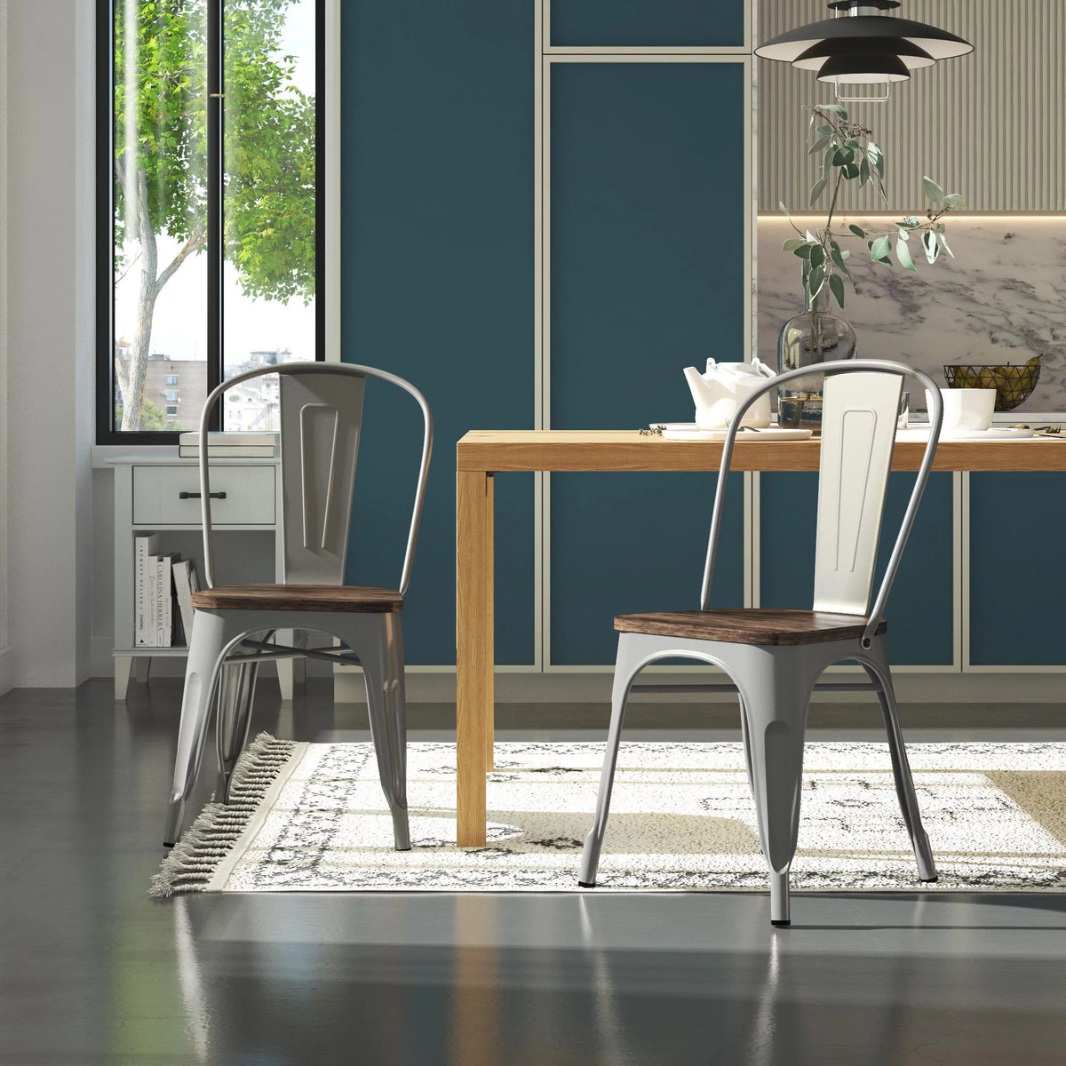 Stackable Metal Dining Chair with Wood Seat, Silver, Set of 2 E87231