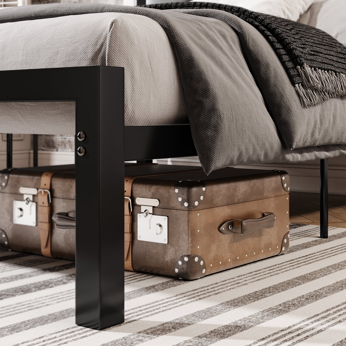 Black Queen Size Metal Platform Bed Frame with Leather Headboard C4366