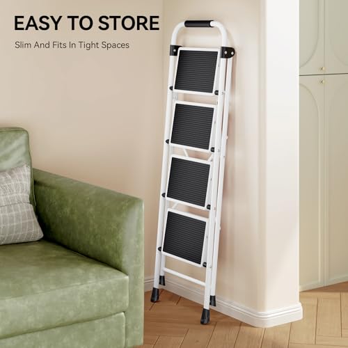 4 Step Folding Steel Step Ladder with Handrails White U4464
