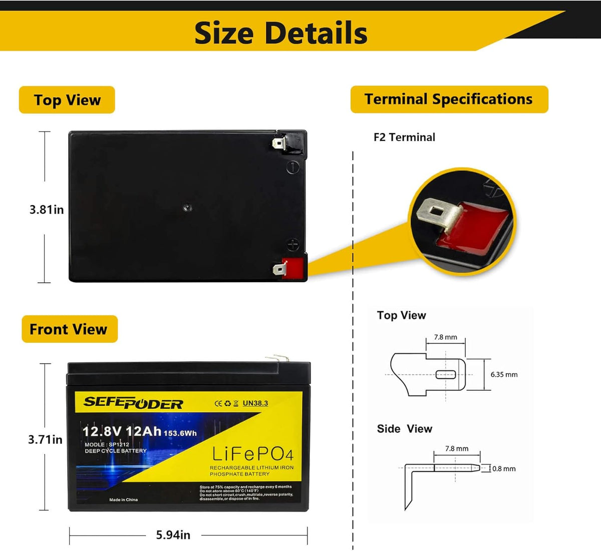 12V 12Ah LiFePO4 Rechargeable Battery W78083