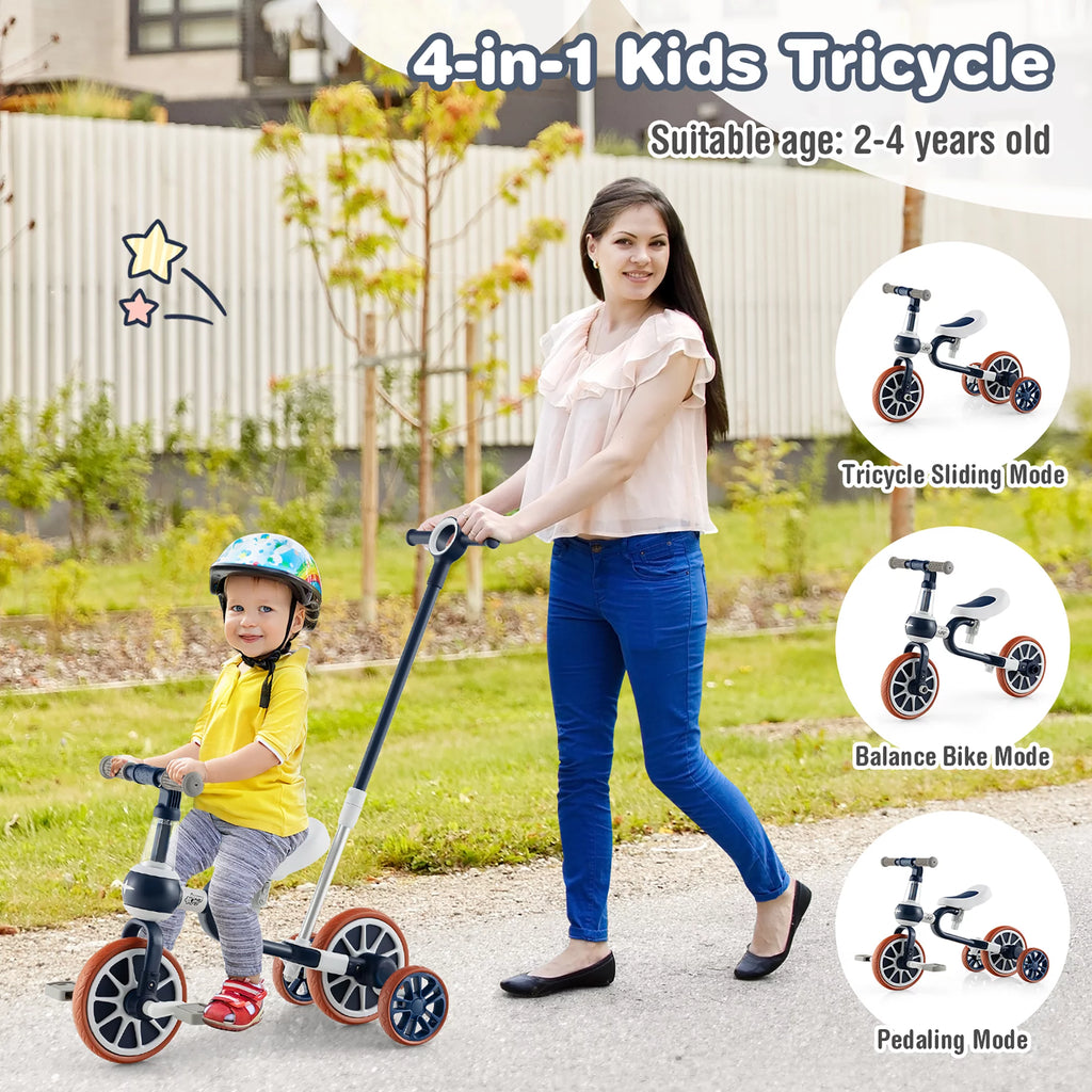 4 in 1 Kids Tricycles with Push Handle & Training Wheels Navy I7461