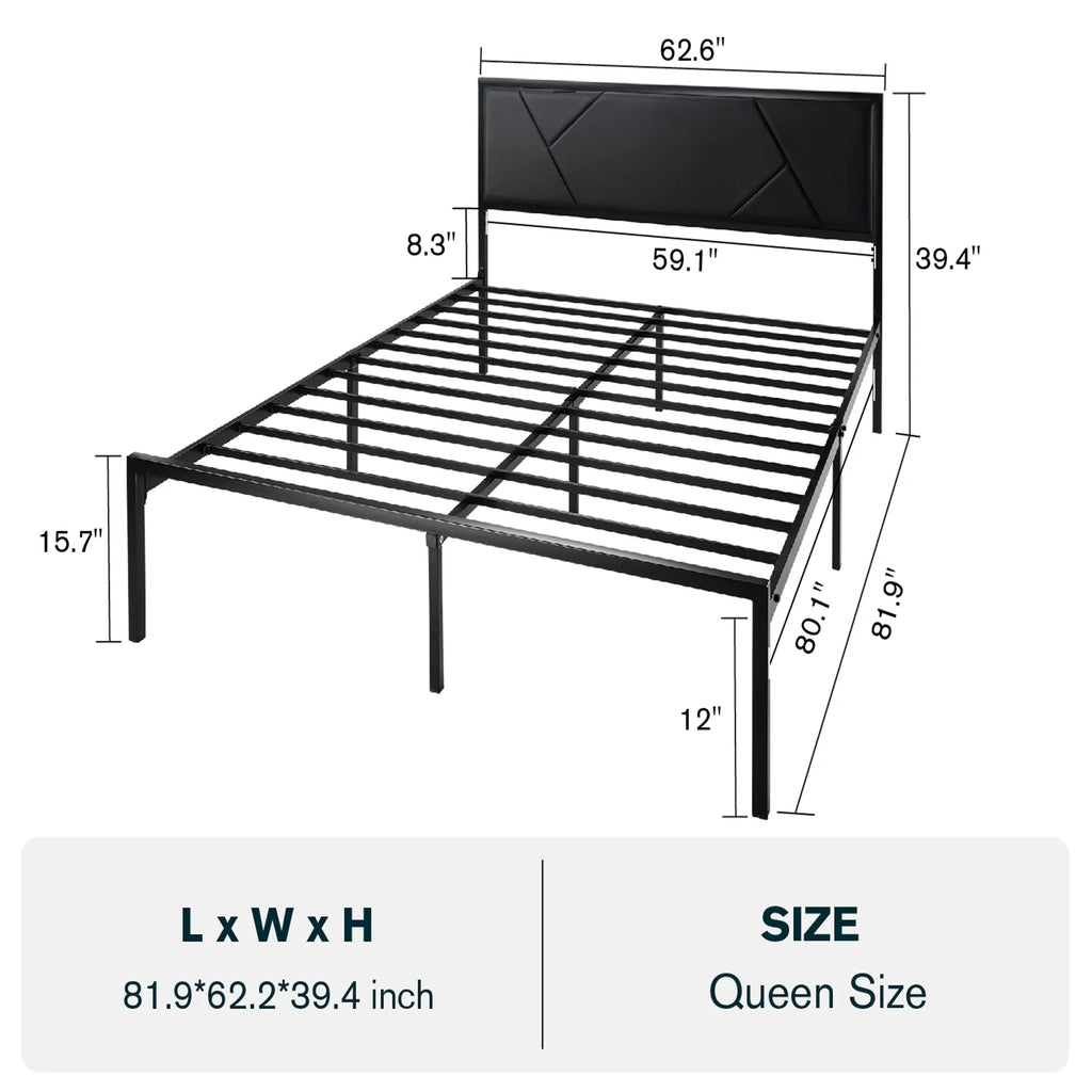 Black Queen Size Metal Platform Bed Frame with Leather Headboard C4366