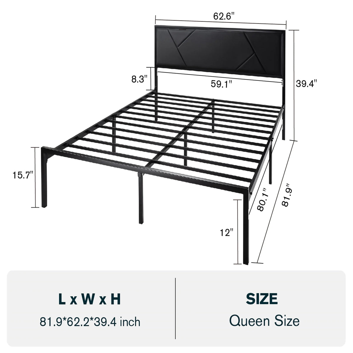 Black Queen Size Metal Platform Bed Frame with Leather Headboard C4366