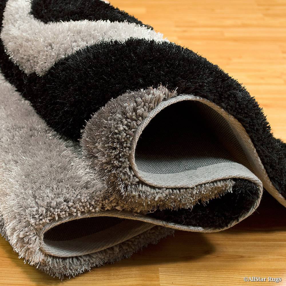 Grey Shaggy Area Rug with 3D Black Spiral Design 5' x 7' W45948