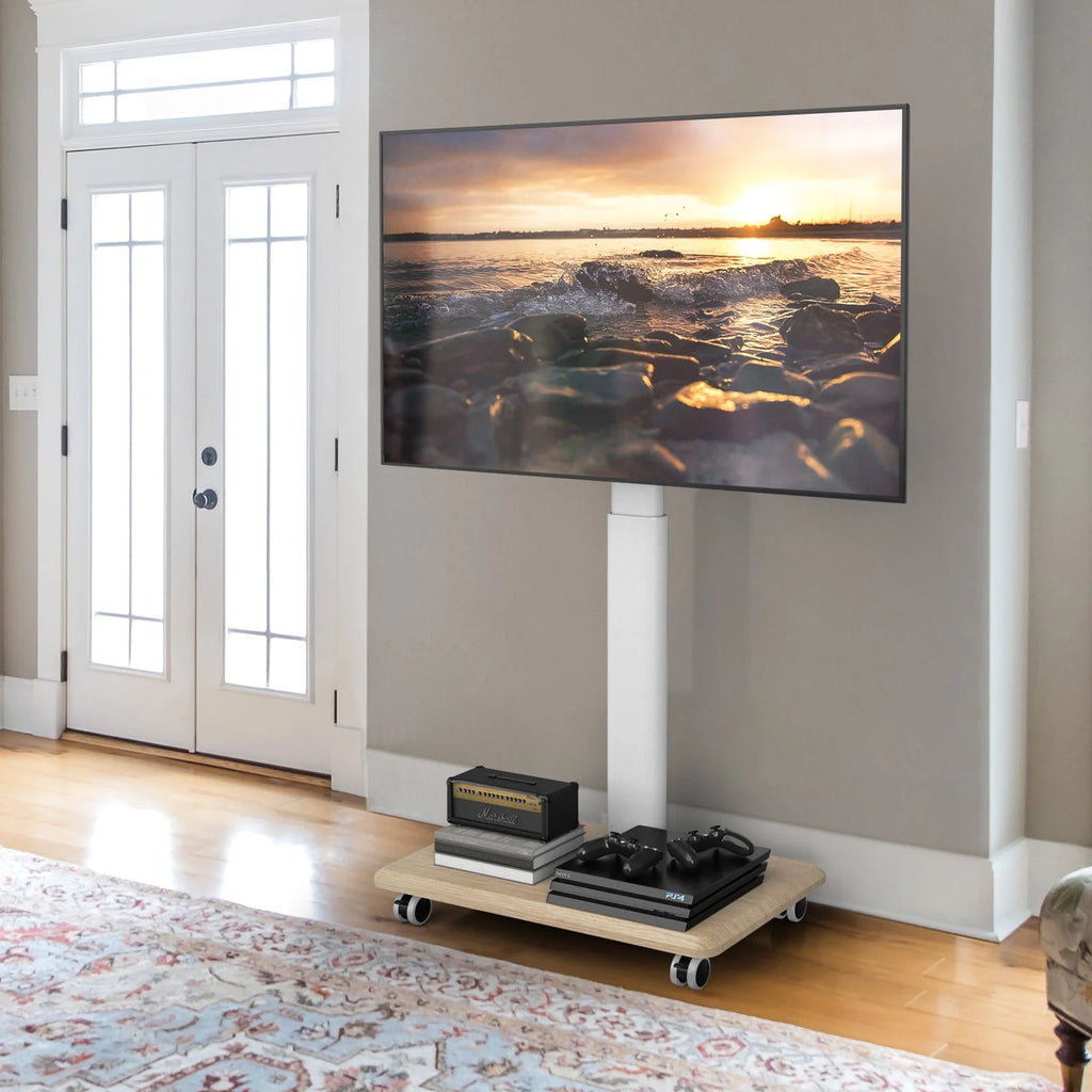 Modern Rolling TV Stand up to 65 inch White Wooden Base K812