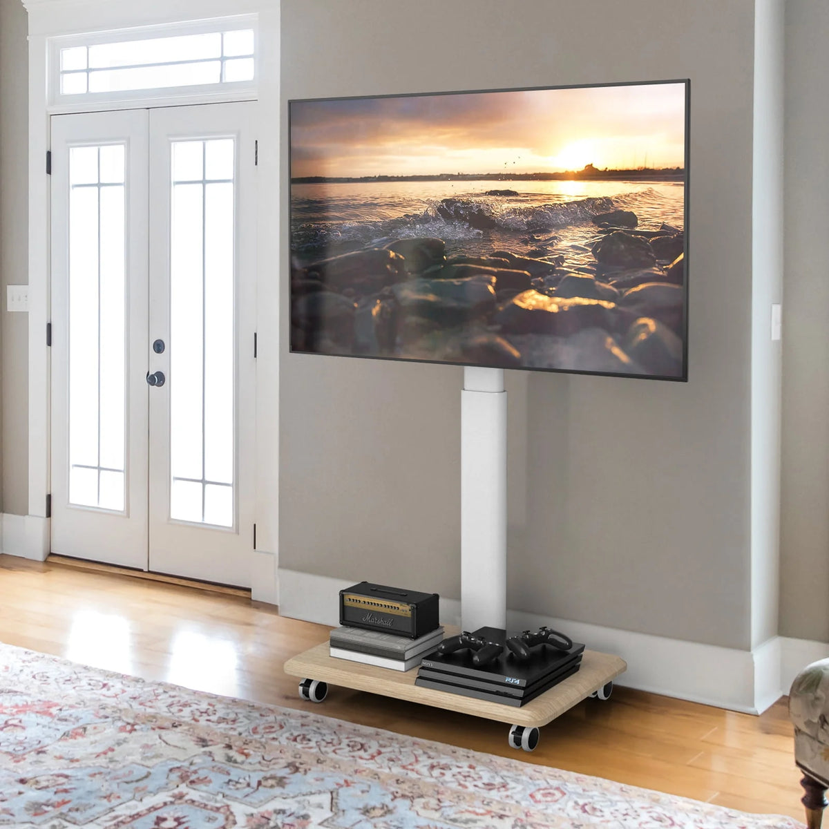 Modern Rolling TV Stand up to 65 inch White Wooden Base K812