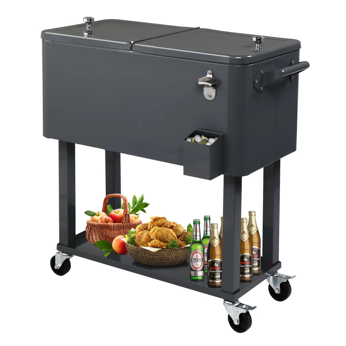 80QT Rolling Cooler Cart with Shelf Gray A230