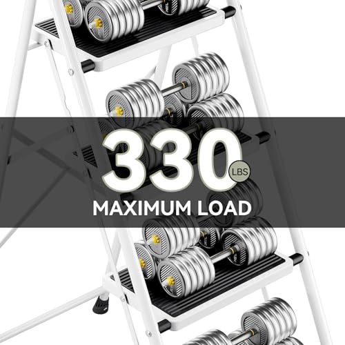4 Step Folding Steel Step Ladder with Handrails White U4464