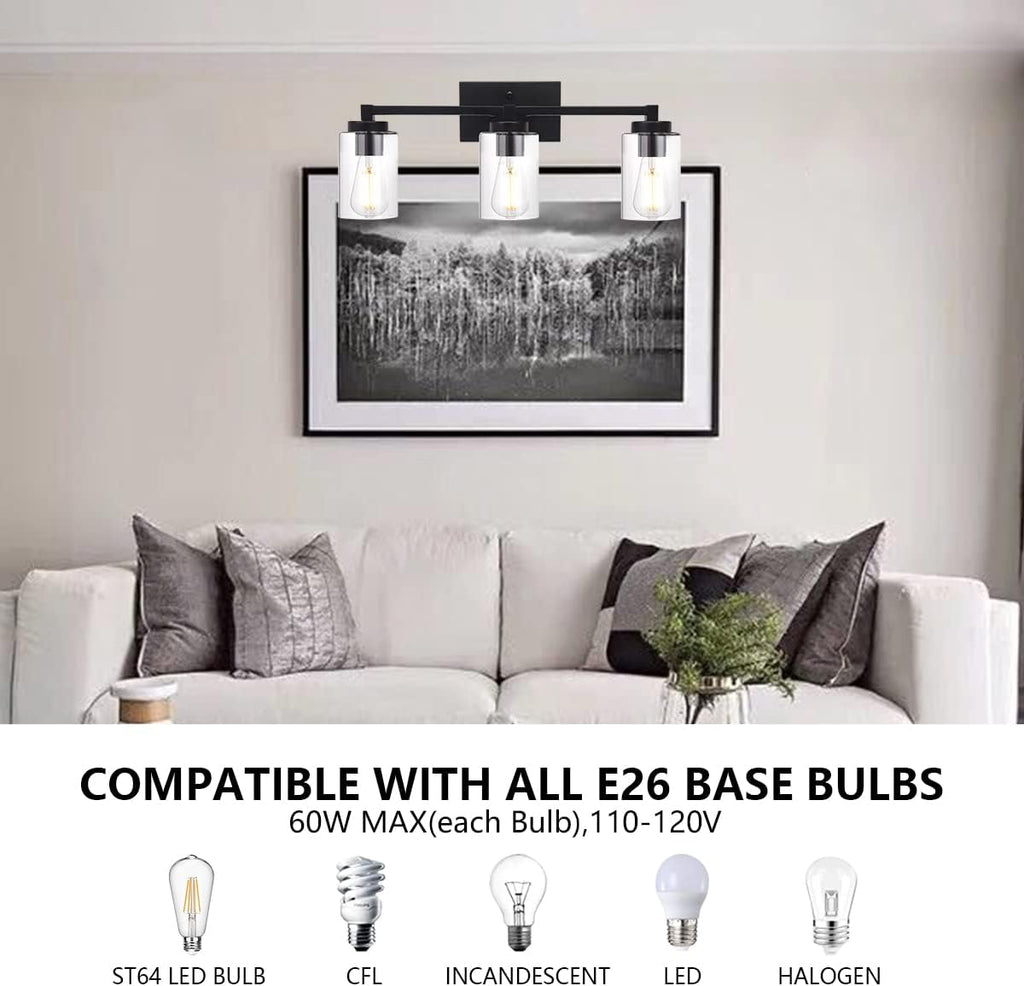 3 Light Matte Black Metal Vanity Light with Clear Glass Shade R3837
