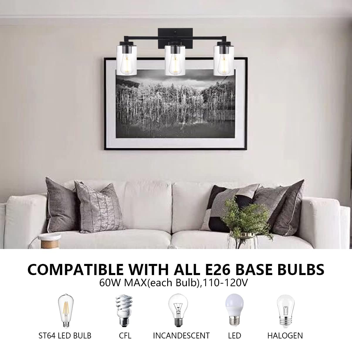3 Light Matte Black Metal Vanity Light with Clear Glass Shade R3837