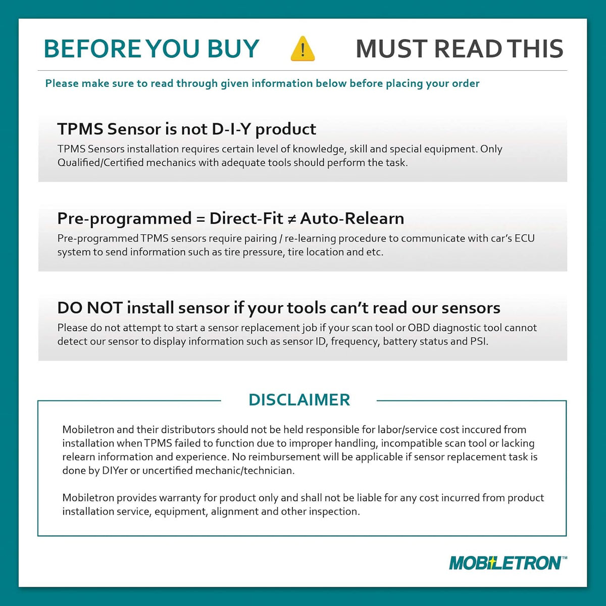 433MHz TPMS Tire Pressure Sensor 4-Pack Q2529