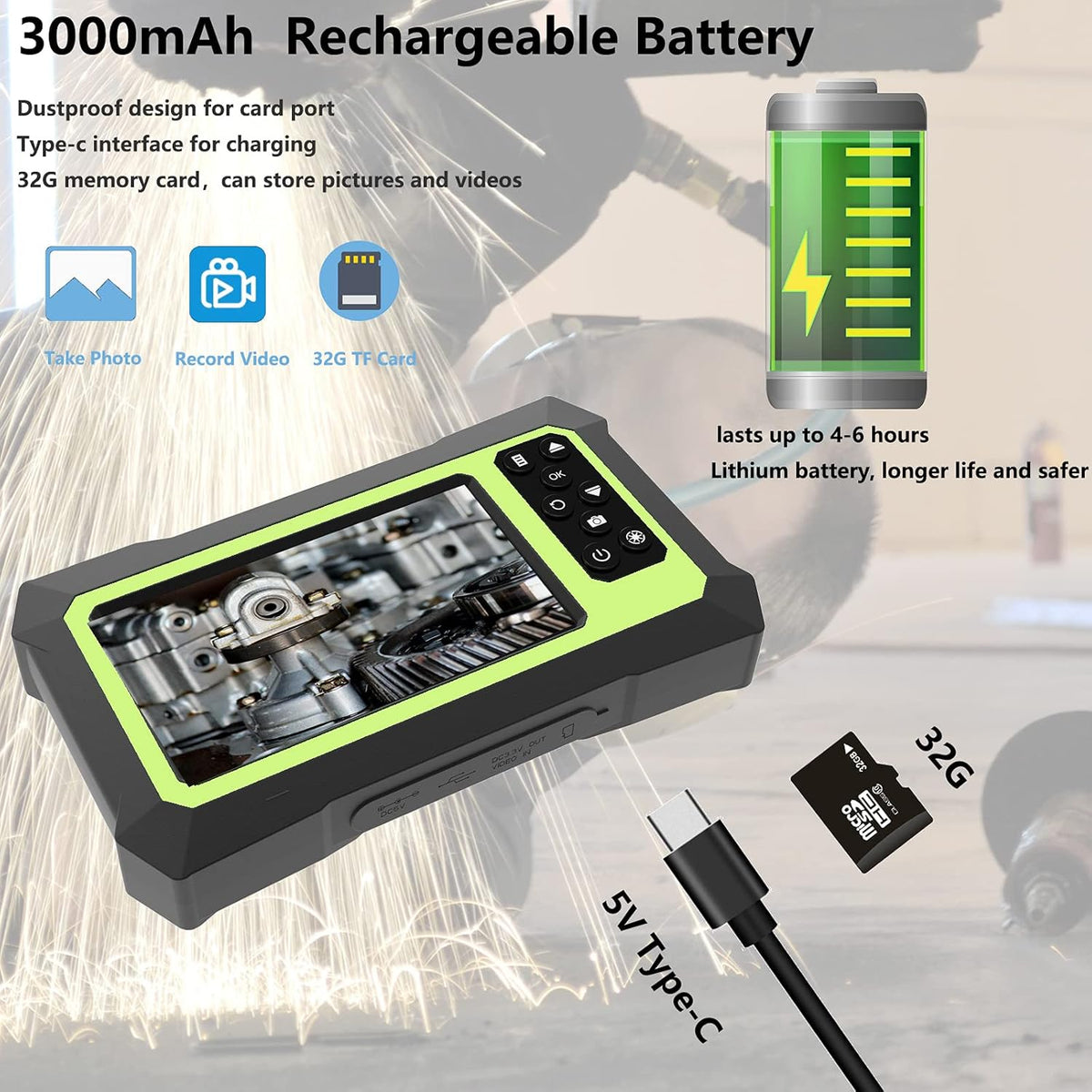 Dual Lens Video Endoscope Camera with Lights, 1080P Borescope Inspection Camera, 8 mm IP67 Waterproof, 16.5FT Semi-Rigid Cable, 32GB Card J626