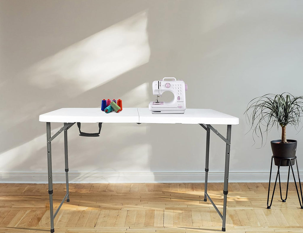 4 Foot Lightweight Adjustable Height Folding Table White Granite B69553