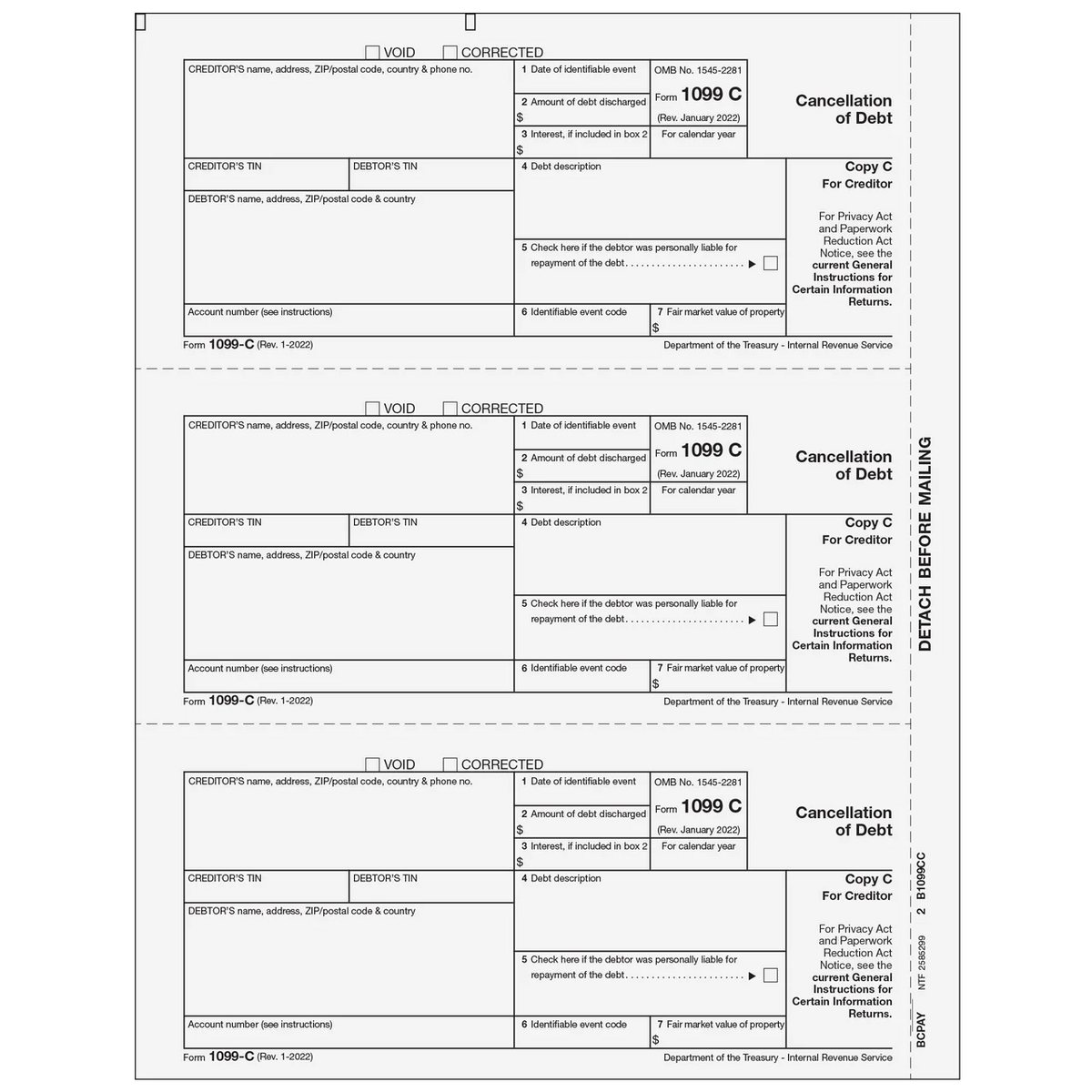 IRS Approved 3-Up Copy C Cancellation of Debt 150/Pk Z131