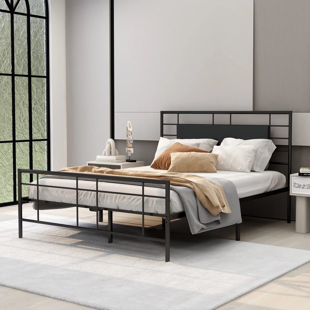 Queen Size Black Metal Platform Bed Frame with Leather Upholstered Headboard O283045