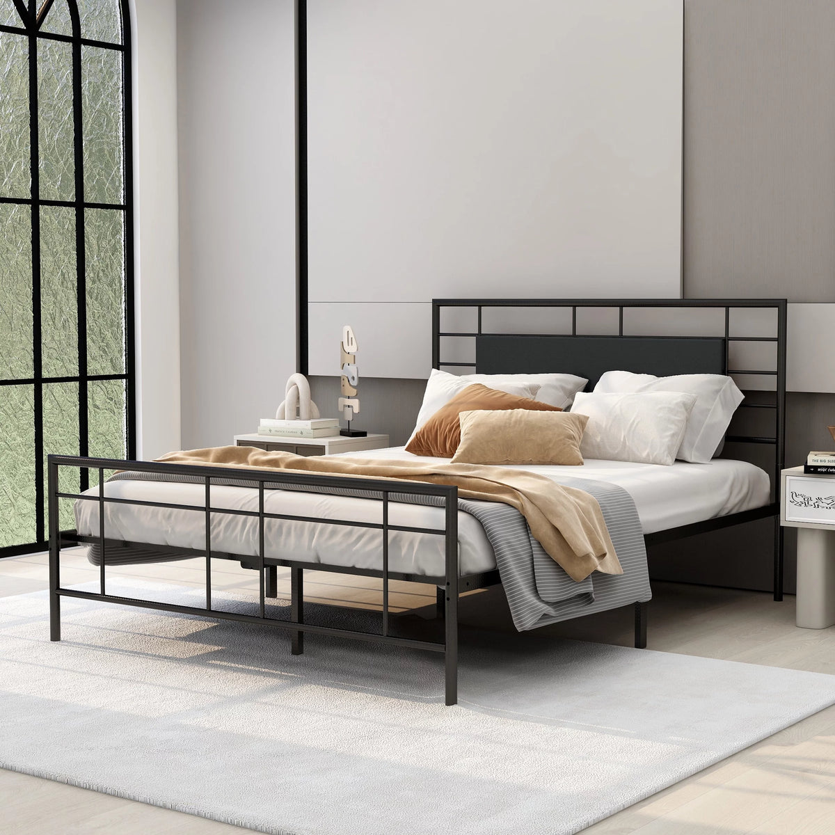 Queen Size Black Metal Platform Bed Frame with Leather Upholstered Headboard O283045