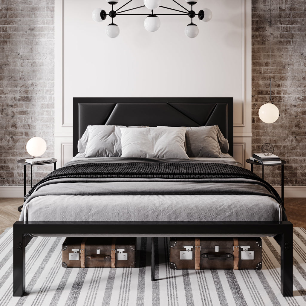 Black Queen Size Metal Platform Bed Frame with Leather Headboard C4366