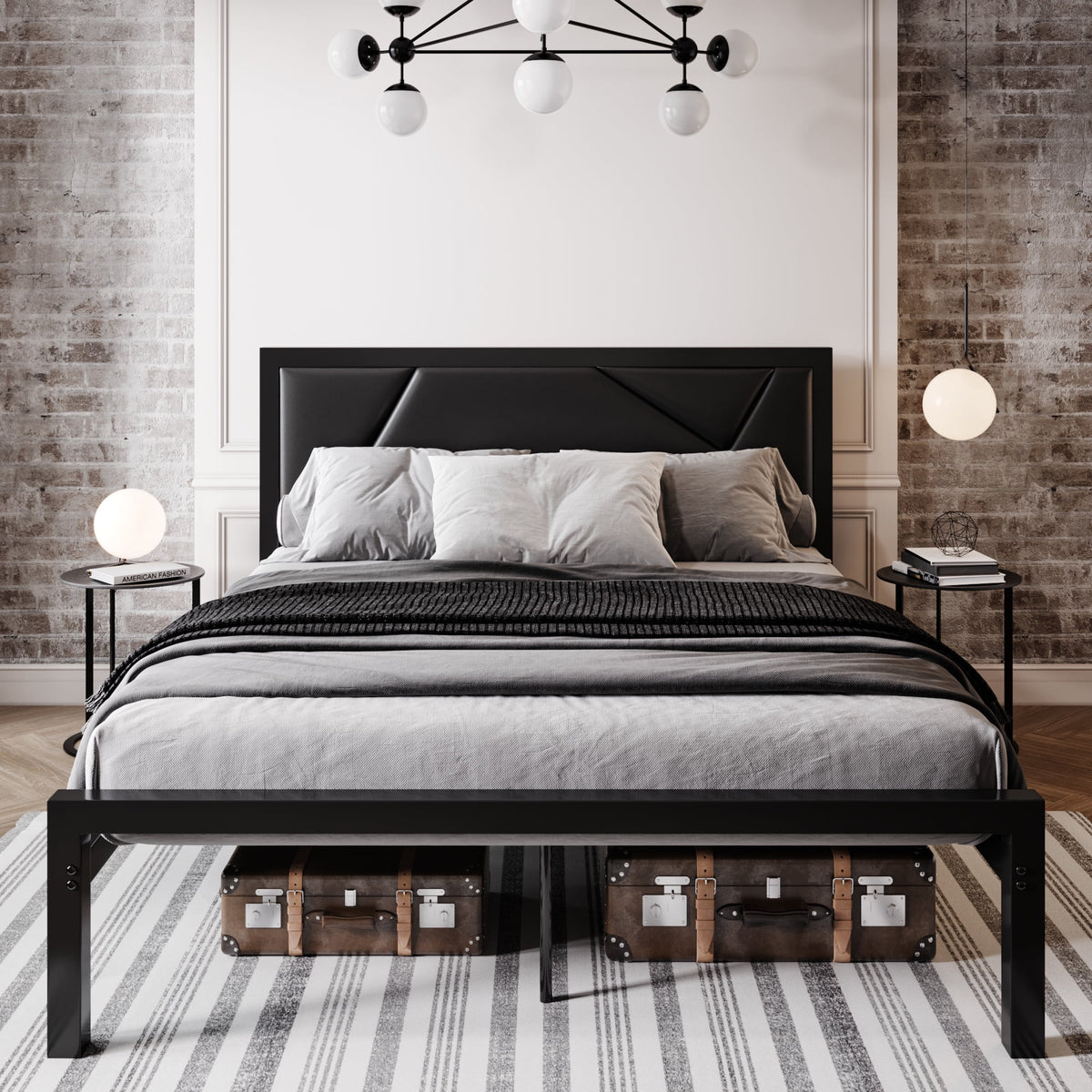 Black Queen Size Metal Platform Bed Frame with Leather Headboard C4366